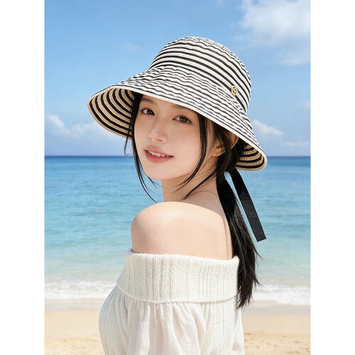 韩版复古条纹渔夫帽子女款可折叠大帽檐夏季遮阳防晒帽蝴蝶结盆帽