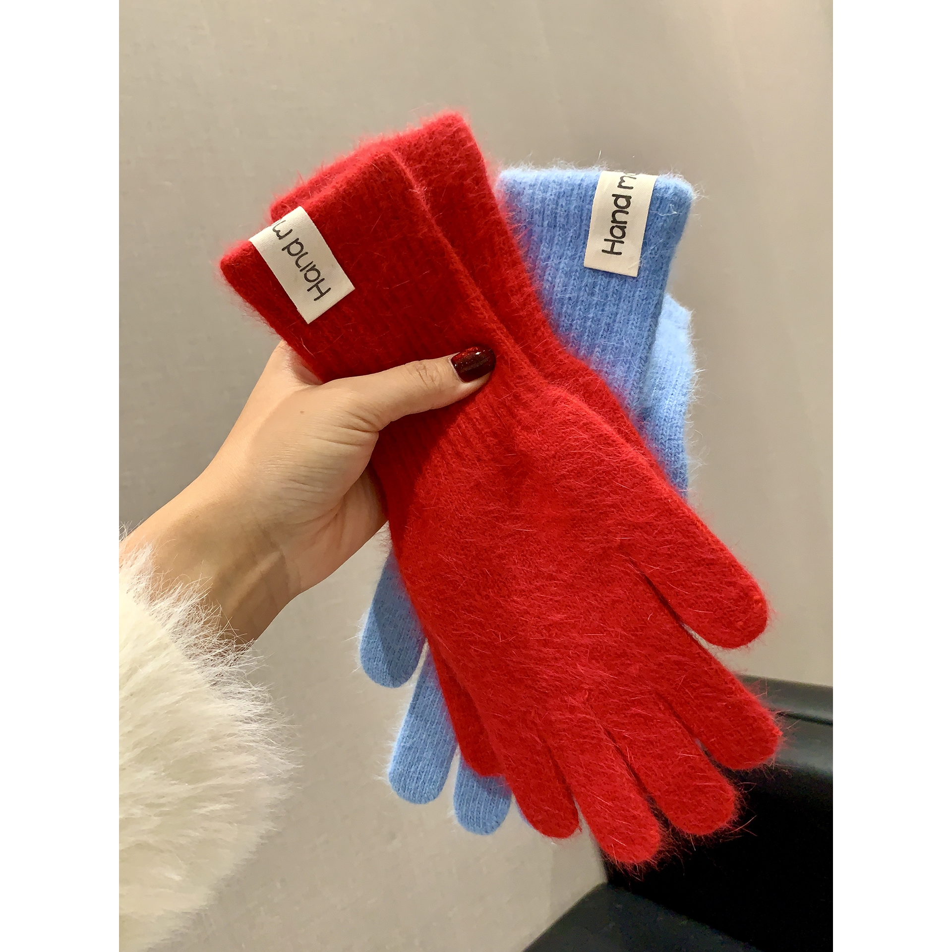 加长款兔毛蓝色针织毛线手套女2025年冬季韩版加厚保暖骑行可触屏