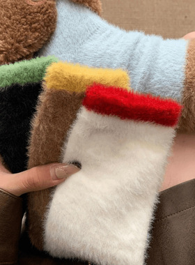 日系拼色袜子女秋冬保暖撞色堆堆袜加绒加厚中筒袜月子运xx
