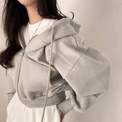 女士纯色连帽抽绳外套