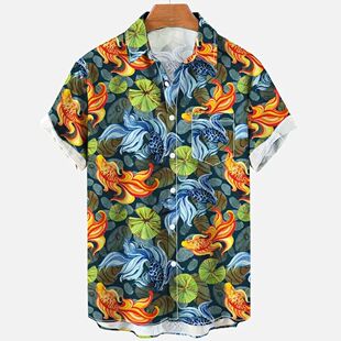 印花休闲复古翻领开衫度假衬衫短袖Printed Flannel Short Sleeve
