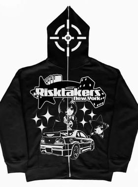 Long sleeved hoodie with printed zipper sweater 印花拉链卫衣