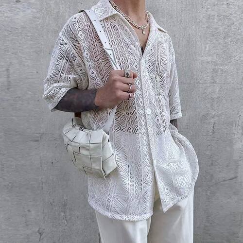 网纱透视蕾丝宽松短袖衬衫男