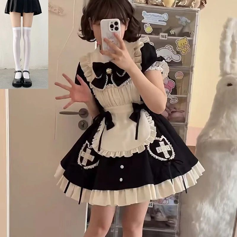 心动告急女仆现货原创Lolita裙黑白拼色日常 甜美洛丽塔裙围裙