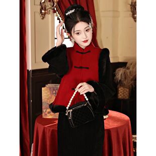 黑色旗袍套装秋冬季加绒厚过年战袍成人拜年汉服唐装国风马甲现货