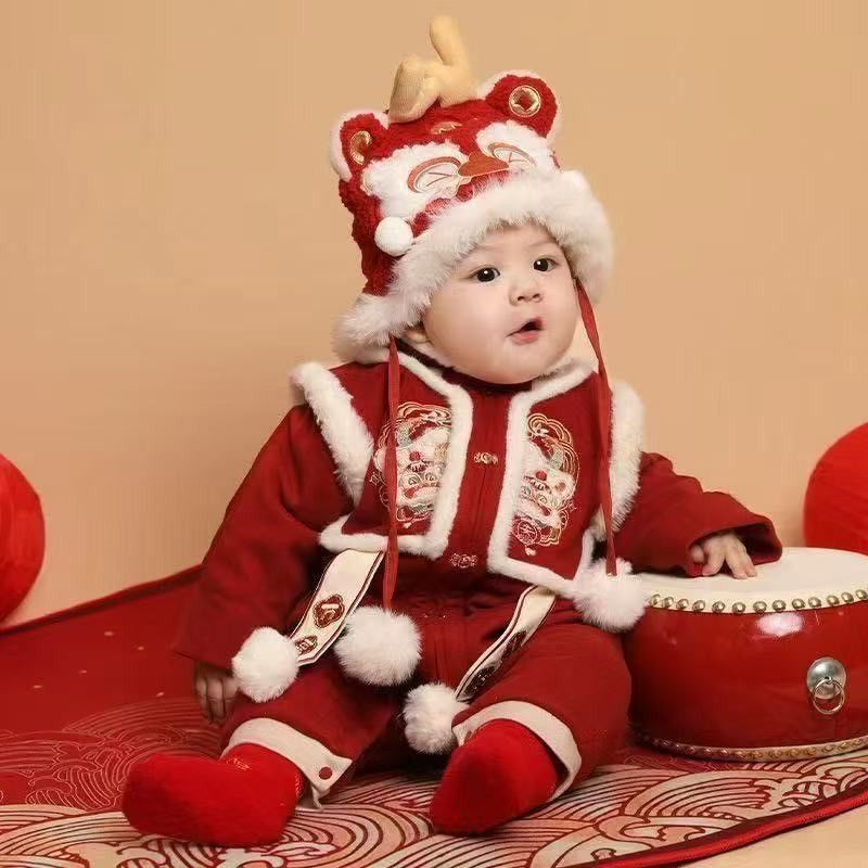 婴儿拜年服喜庆连体衣宝宝冬装满月百天周岁礼服红色加厚新年爬服