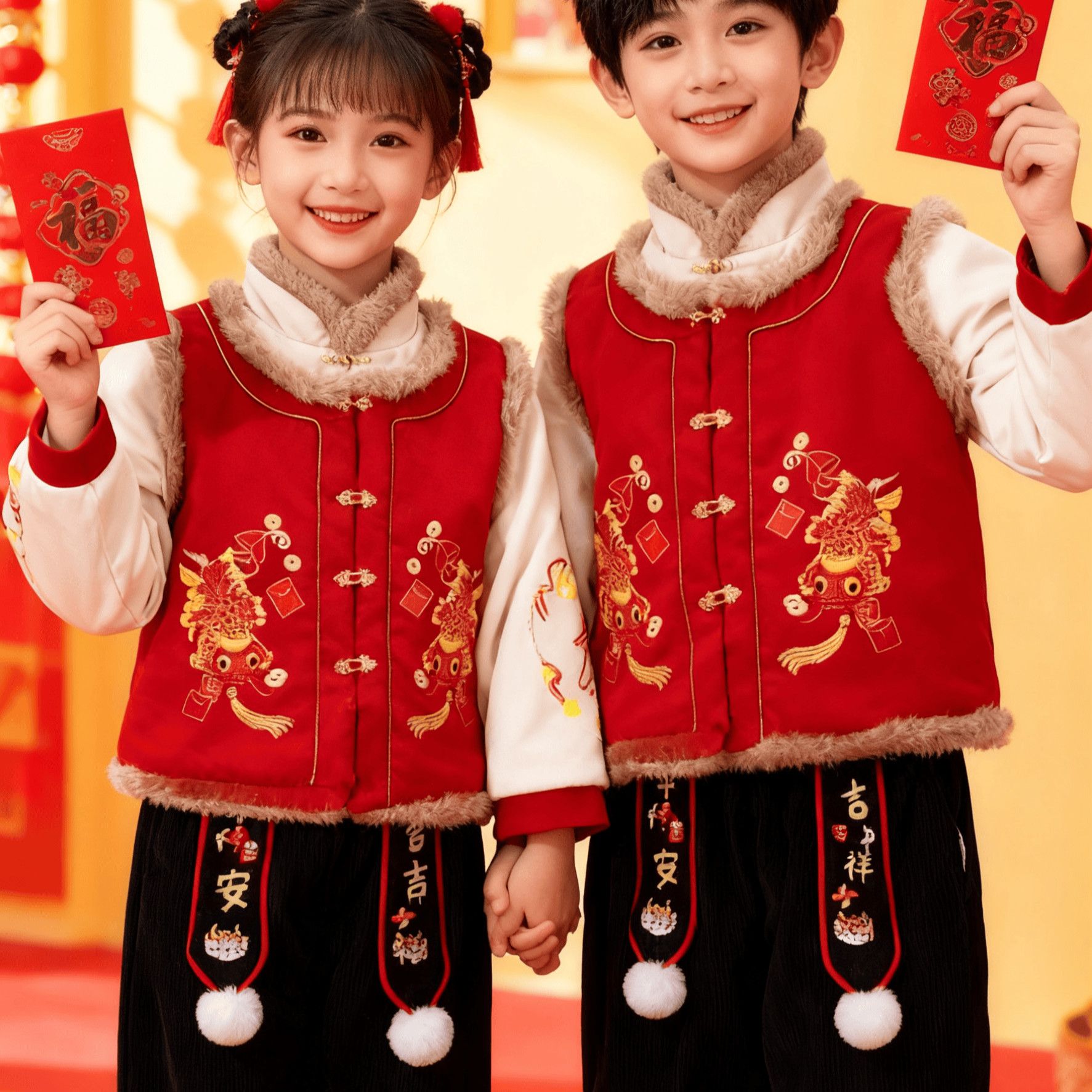 男童拜年女童加厚汉服儿童过年喜庆周岁宝宝套装礼服2025新款