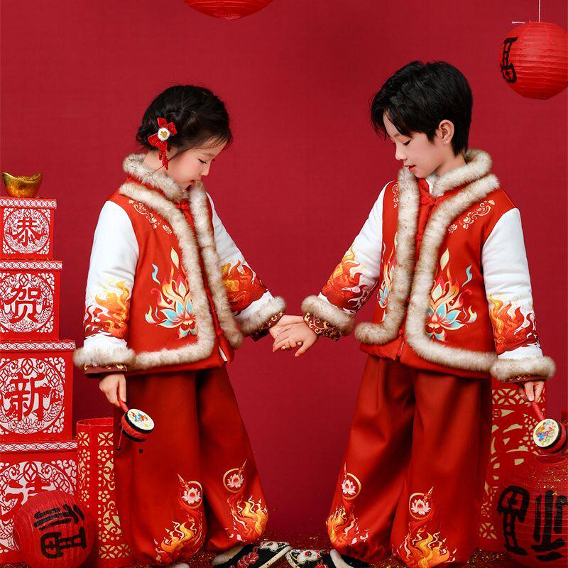 男女童拜年服2025新款哪吒冬装加厚中国风儿童过年喜庆新年衣服