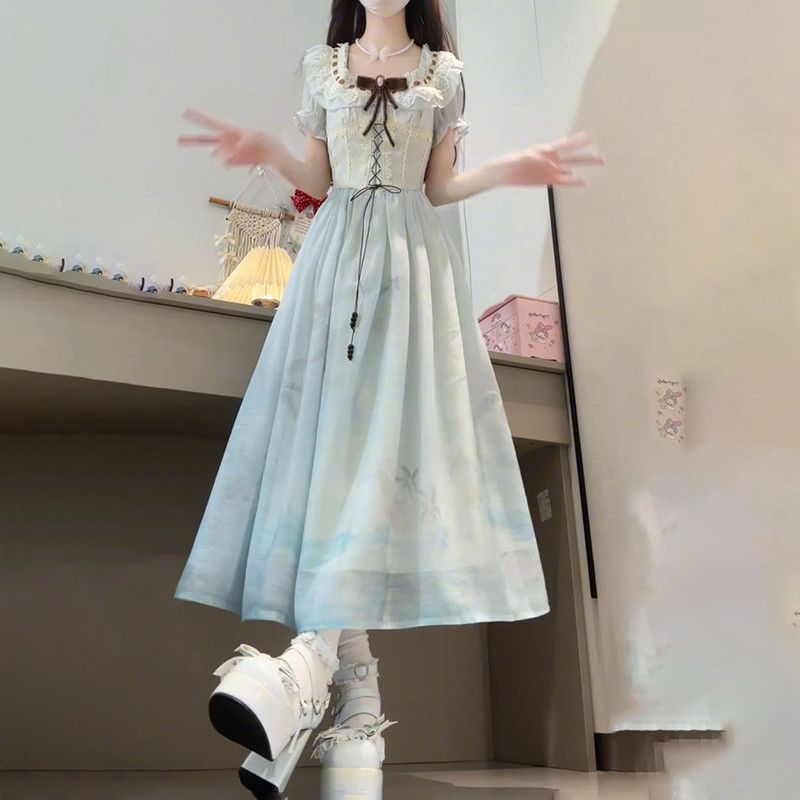 甜美学院风减龄渐变色泡泡袖连衣裙女夏季收腰显瘦出游拍照长裙子