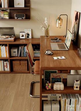 实木转角书桌书柜一体卧室家用2025款学习桌中古风L型电脑桌MF0J&