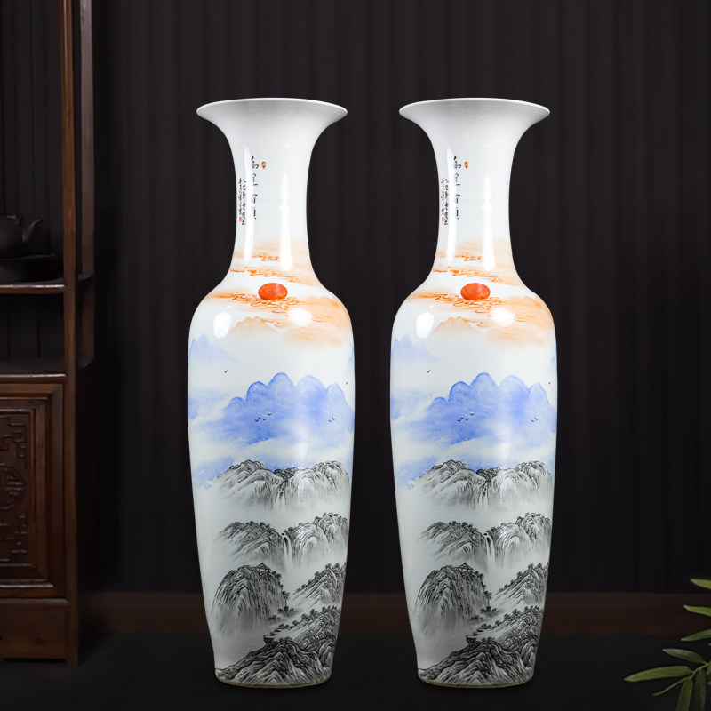 景德镇陶瓷落地大花瓶手绘吉祥中式写意山水简约客厅家装