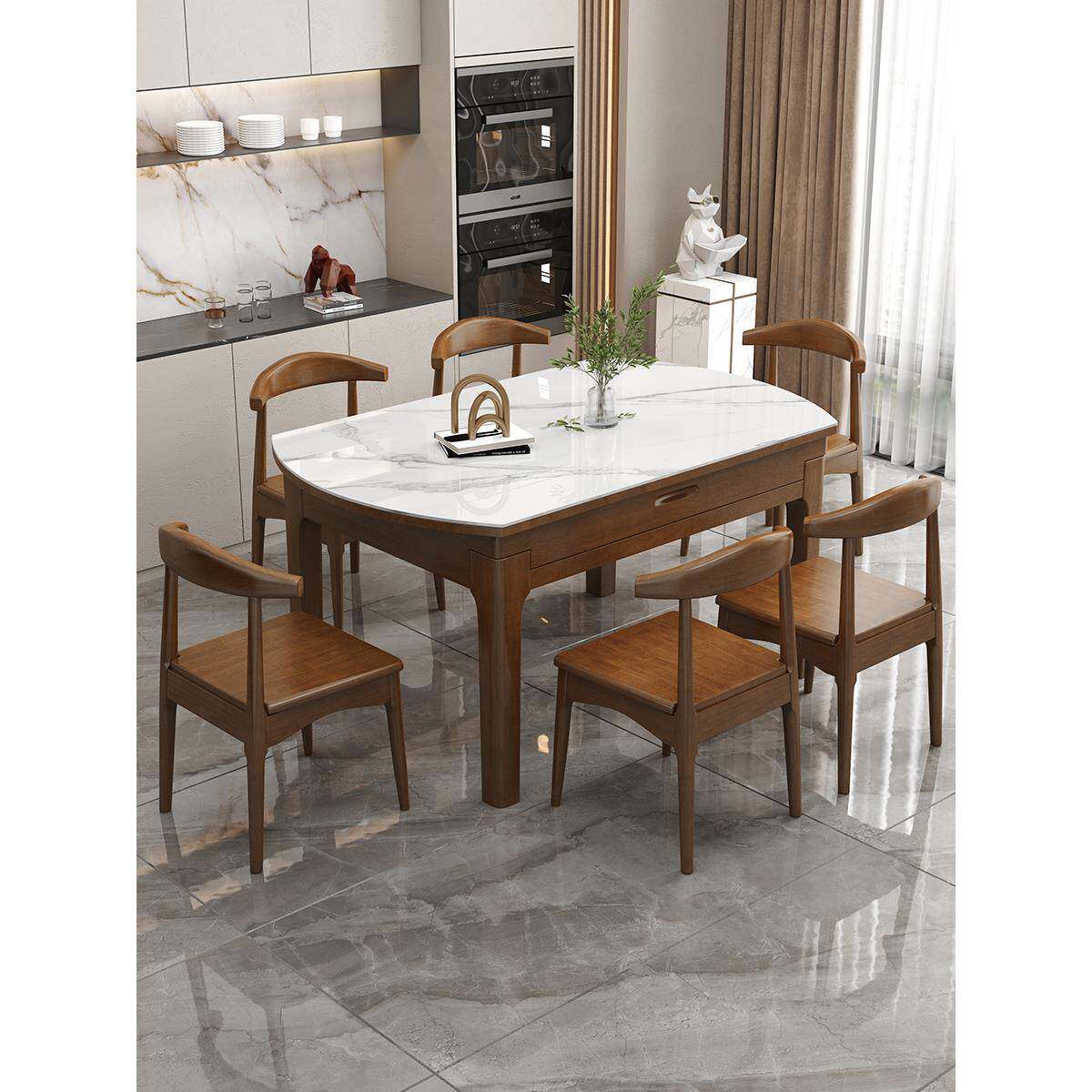 岩实木餐桌家用小户可伸缩变形方型圆两用变圆桌板889#可带电磁炉