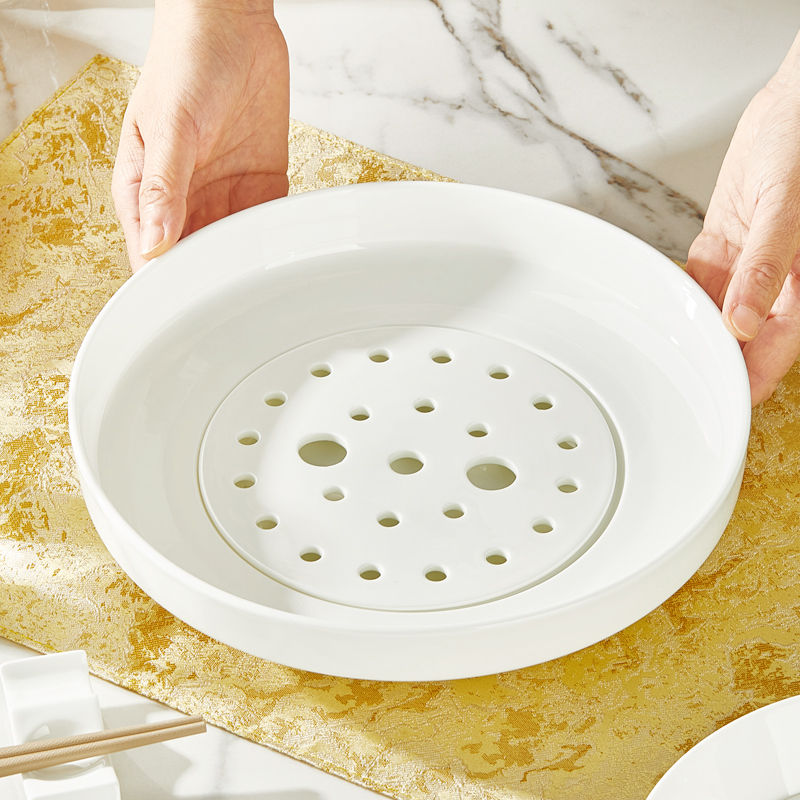 纬廷纯白骨瓷沥水饺子盘