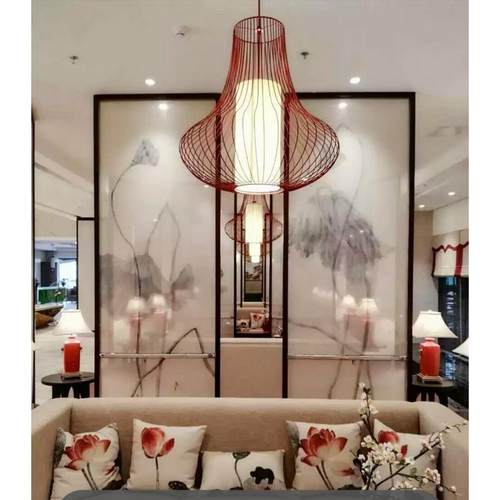 定制 钢化夹丝背景墙3D艺术玻璃隔断玄关屏风夹绢夹画墨水画 荷韵