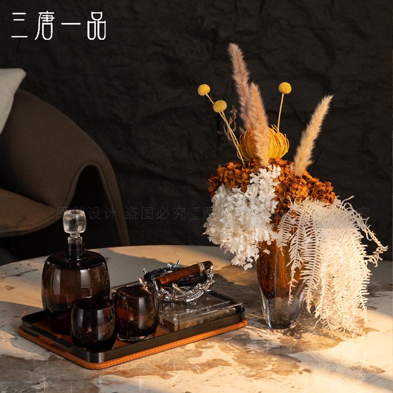 轻奢客厅茶几套装样板间样品屋展示中心高级感餐桌水晶花瓶真干