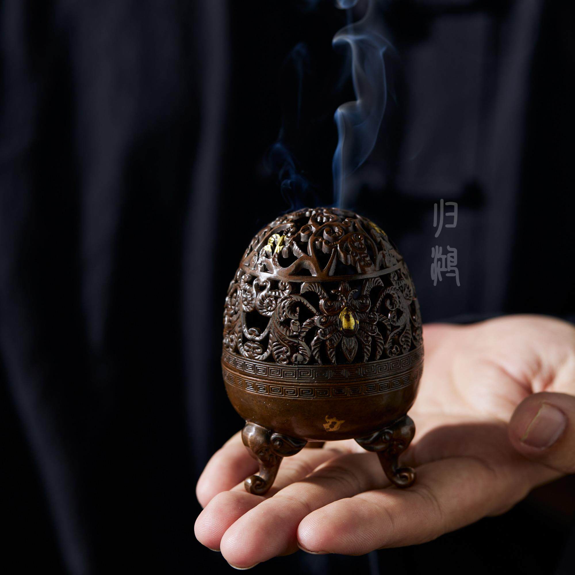 归鸿 覆古手工蛋壳三足香炉家用室内檀香薰香炉黄铜环香镂空香道