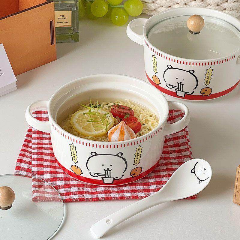 nagano自嘲熊双柄泡面碗陶瓷周边宿舍学生带盖单人餐具双耳螺蛳粉,餐饮具,泡面碗,淘宝优惠券,粉丝福利购,淘宝优惠卷
