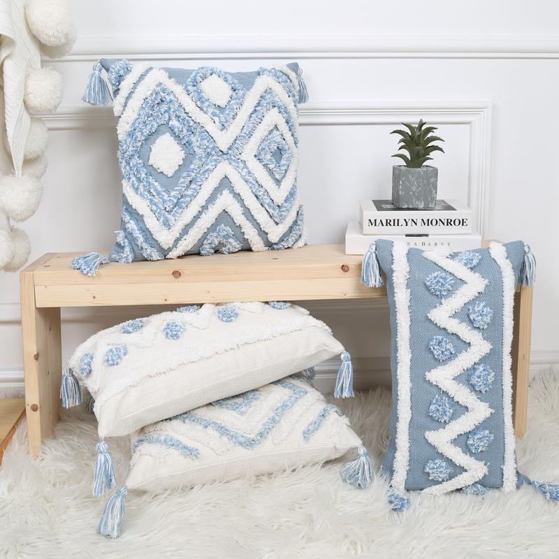 摩洛哥靠垫北欧ins风简约蓝色几何簇绒抱枕四角穗子民宿沙发靠枕