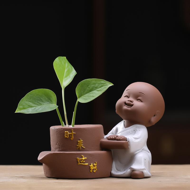 精品可养茶宠摆件小和尚创意个性花器水培小花插招财摆件茶具茶玩