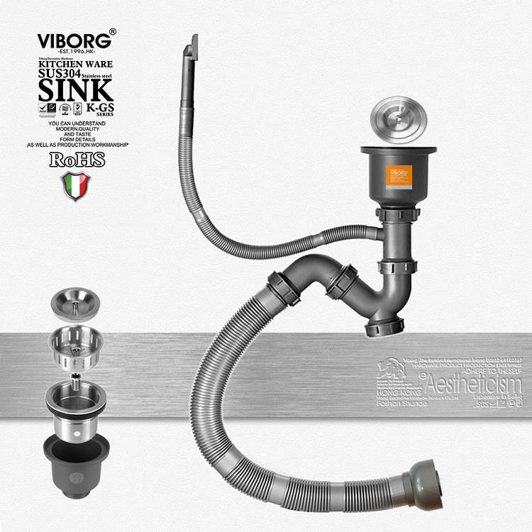 VIBORG 专用配件304不锈钢豪华型2寸水槽下水器手工槽单排下水管