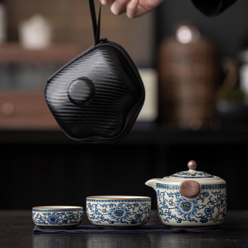 汝窑青花手抓壶旅行功夫茶具可携式快客杯泡茶器户外套装一壶二杯