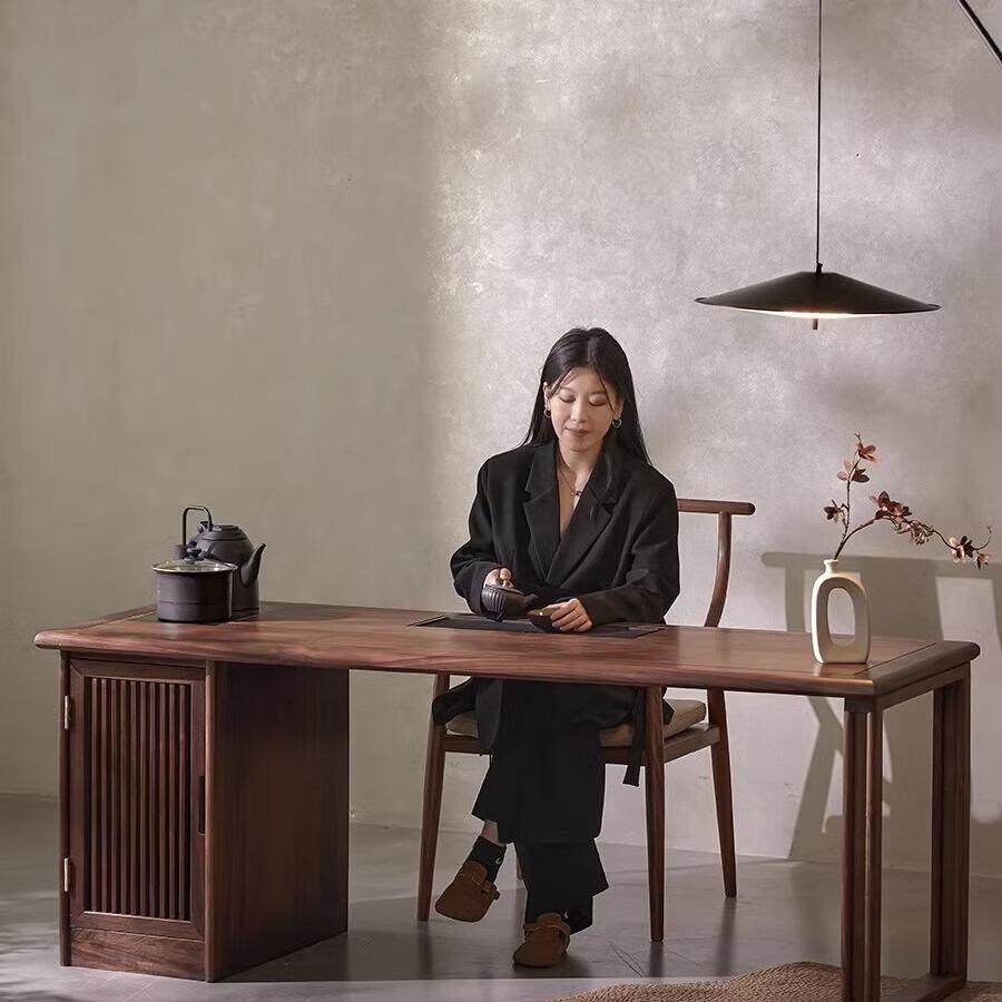 北美黑胡桃木新中式实木茶桌家用禅意烧水壶一体干湿泡茶台可定制