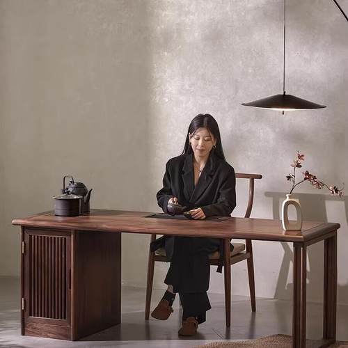 北美黑胡桃木新中式实木茶桌家用禅意烧水壶一体干湿泡茶台可定制