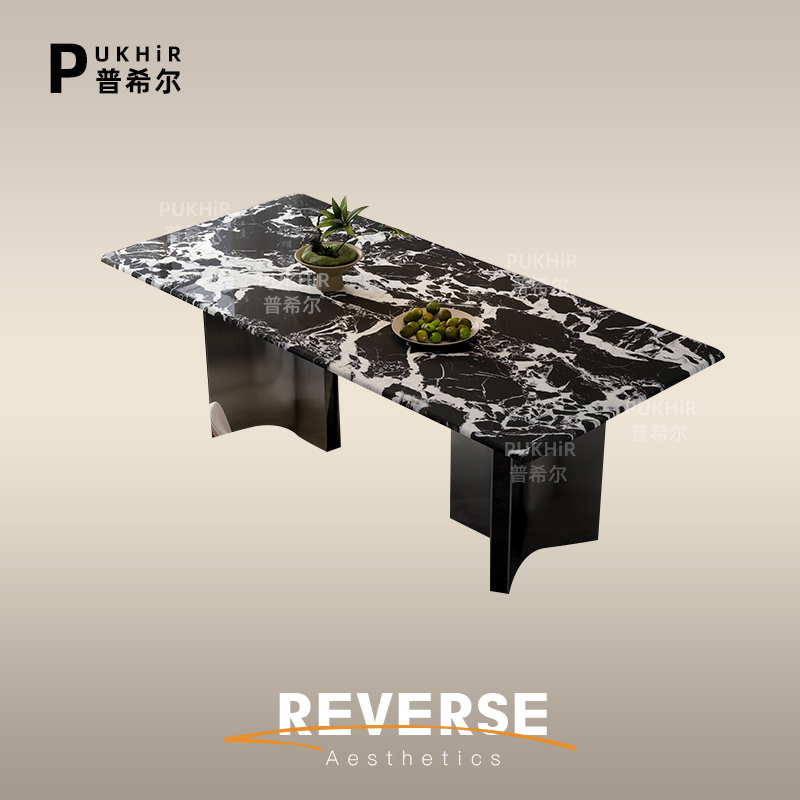 奢石餐桌宝格莉黑奢石餐桌意式轻奢设计师款实木拼接长方形餐桌椅
