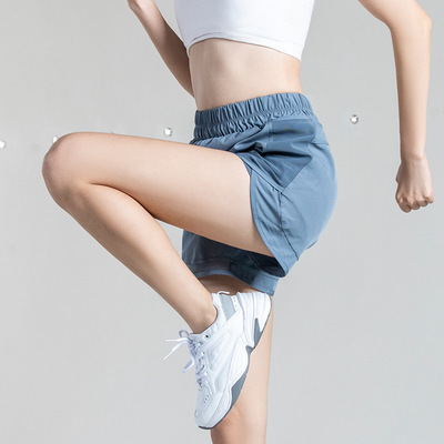 瑜伽裤假两件口袋速干透气健身跑步宽松运动短裤女防走光2024春夏