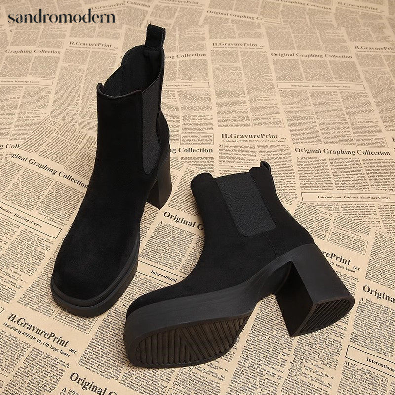 真皮短筒切尔西靴子女2025春季新款加绒法式气质及踝靴中粗跟短靴