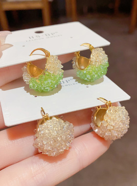轻奢高级感渐变绿色水晶花篮耳扣小众设计气质百搭名媛风耳环批发