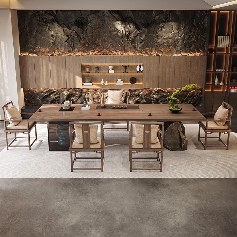 一体石头茶台圆凳实木茶桌椅组合泡茶桌一桌五椅烧水壶嵌入式桌腿