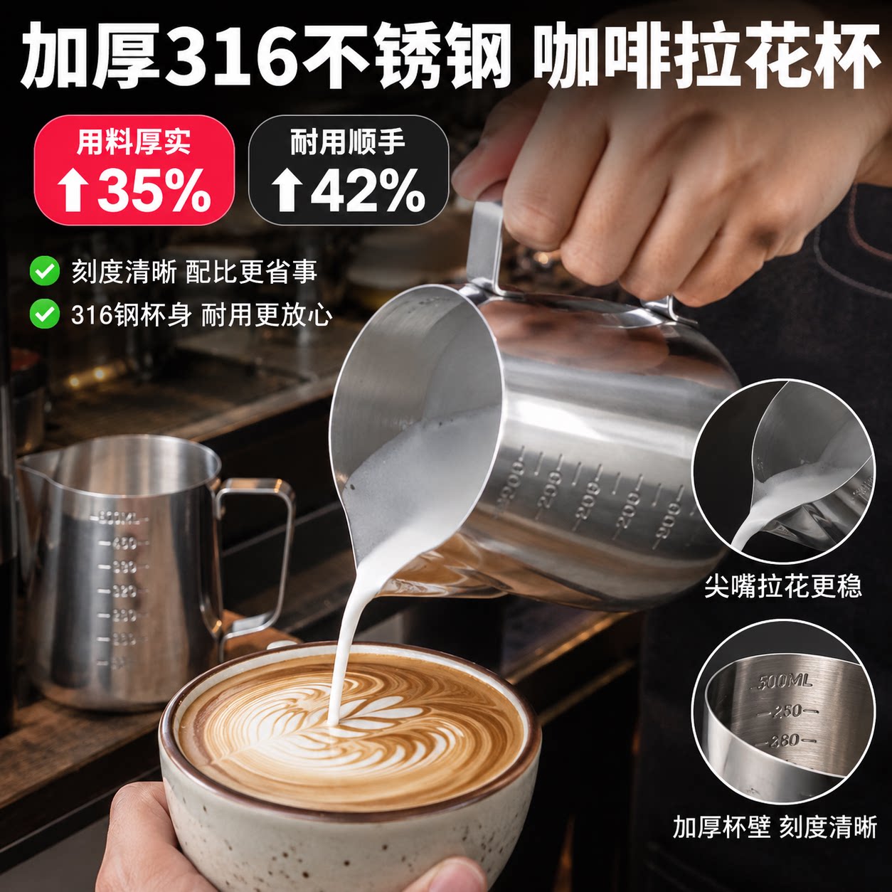 食品级316不锈钢刻度量杯拉花泰式拉花杯器具尖嘴神器咖啡拉花杯图片