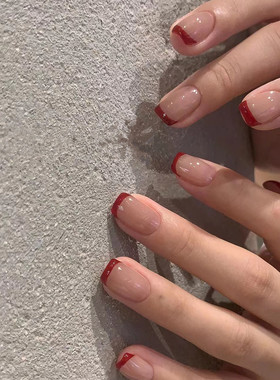 渐变冰透法式红边穿戴甲短款可拆卸纯欲辣妹风假指甲美甲成品甲片