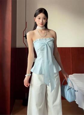 2026夏季新款纯欲风蓝色蝴蝶结绑带背心女收腰显瘦抹胸设计感上衣