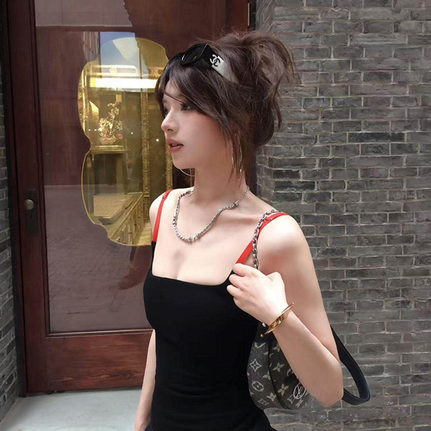 美式辣妹撞色方领吊带背心女夏季可外穿调节肩带胸垫收腰显瘦上衣