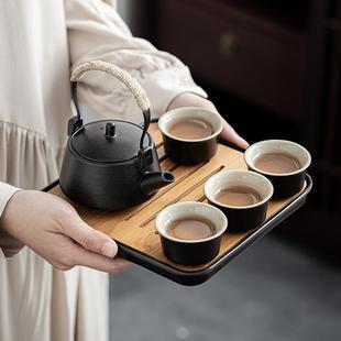 日式 干泡茶盘 复古黑色陶瓷提梁壶功夫茶具小套装 家用侧把壶储水式