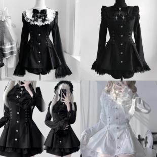 罗莉塔lolita裙蕾服 套装 日系蕾系哥特黑白喇叭袖 口水巾收腰洋装