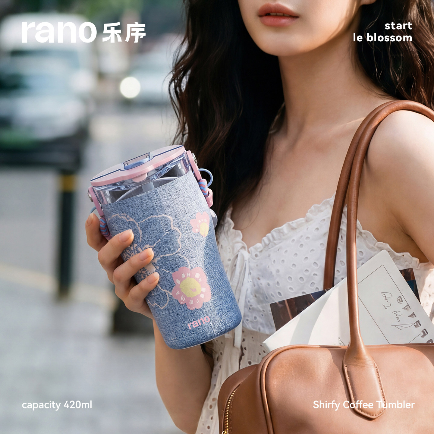 rano乐序牛仔雪菲保温杯女高颜值吸管双饮水杯陶瓷内胆咖啡杯便携