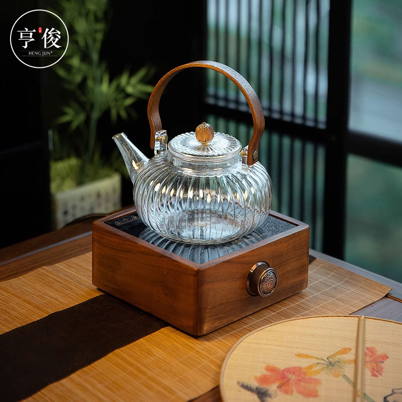 玻璃花茶壶水果养生煮茶壶大容量梁壶胡桃木泡泡茶炉家用围炉煮茶