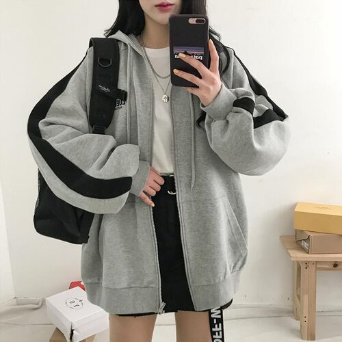 女士宽松拼色拉链外套
