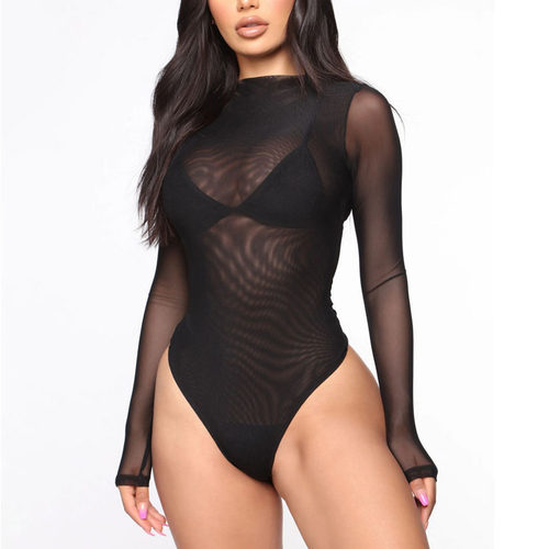 Sexy Perspective Long Sleeve Bodysuit 性感透视长袖女士连体衣