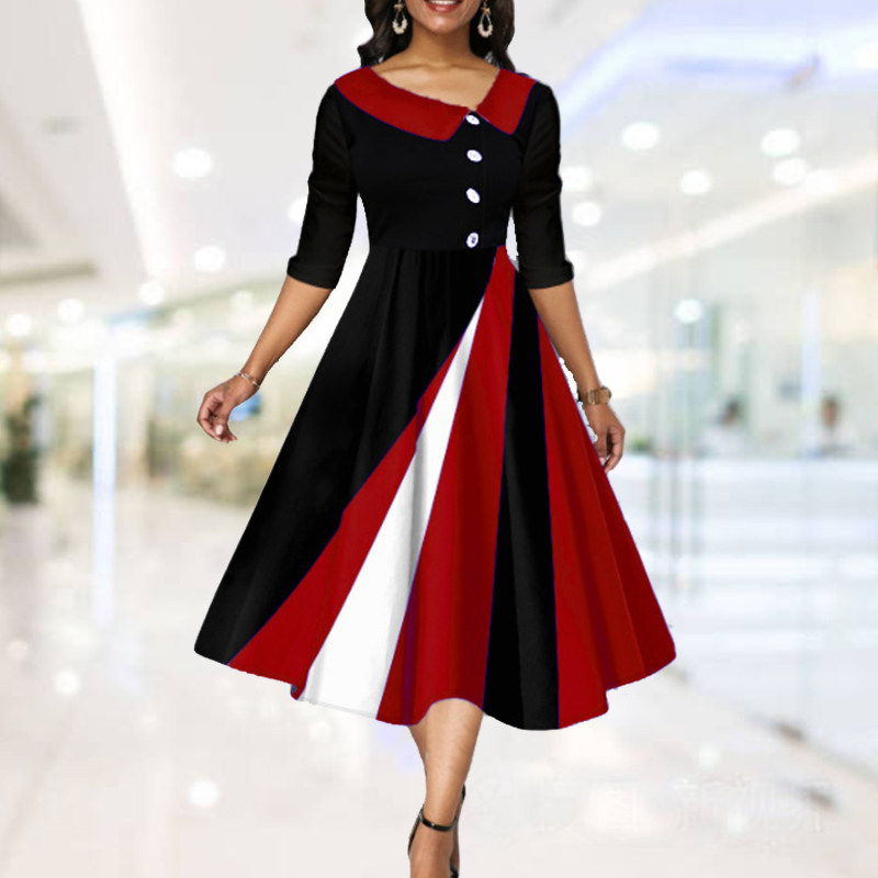 Printed 5/4 Sleeve Long Swing Dress 印花五分袖长大摆裙连衣裙
