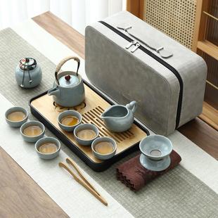 家用户外简约中式 哥窑旅行茶具套装 陶瓷茶壶茶杯功夫泡茶便携茶盘