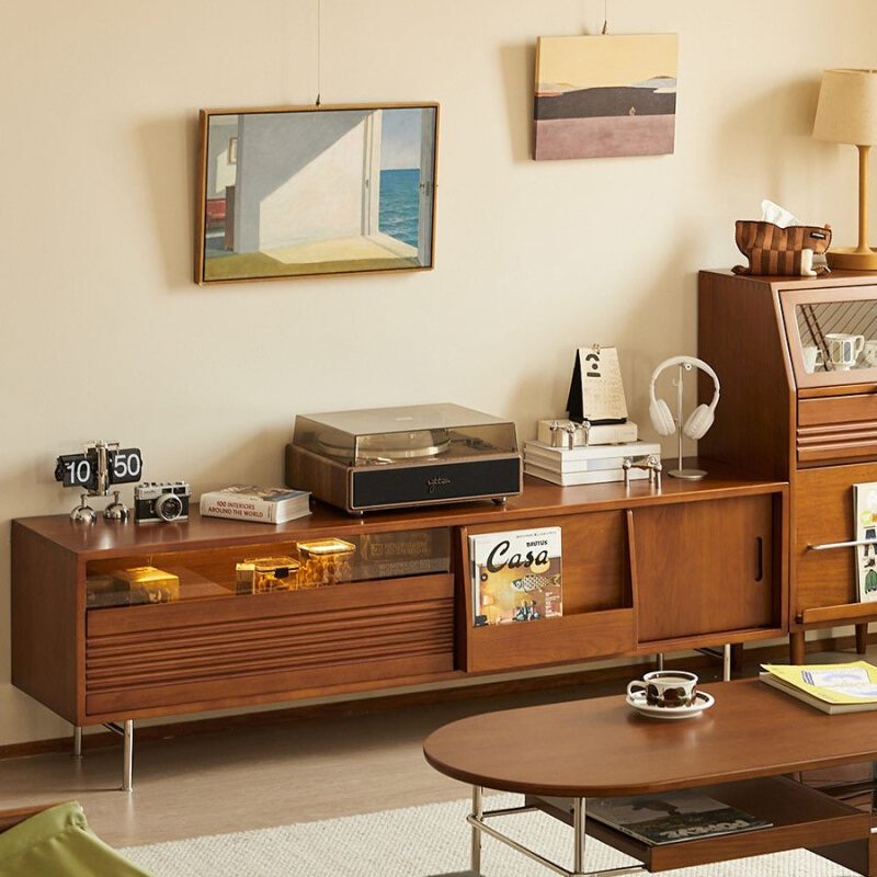 北欧实木电视柜家用小户型不锈钢收纳移门墙柜客厅复古储物视听柜