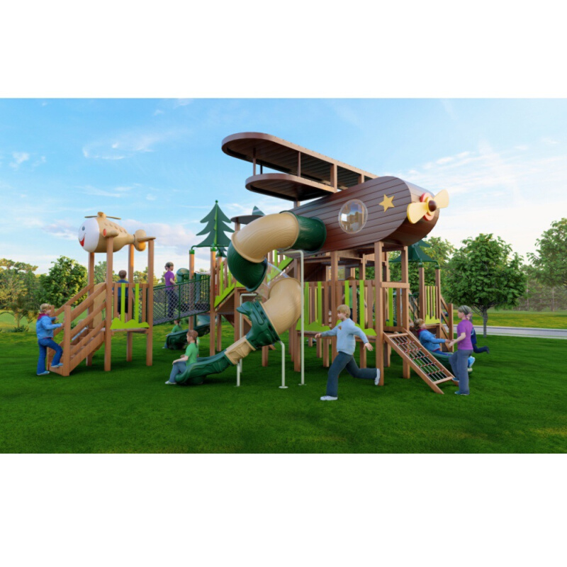 户外度假区儿童滑梯木质直升飞机系列 户外无动力游乐设备源头厂
