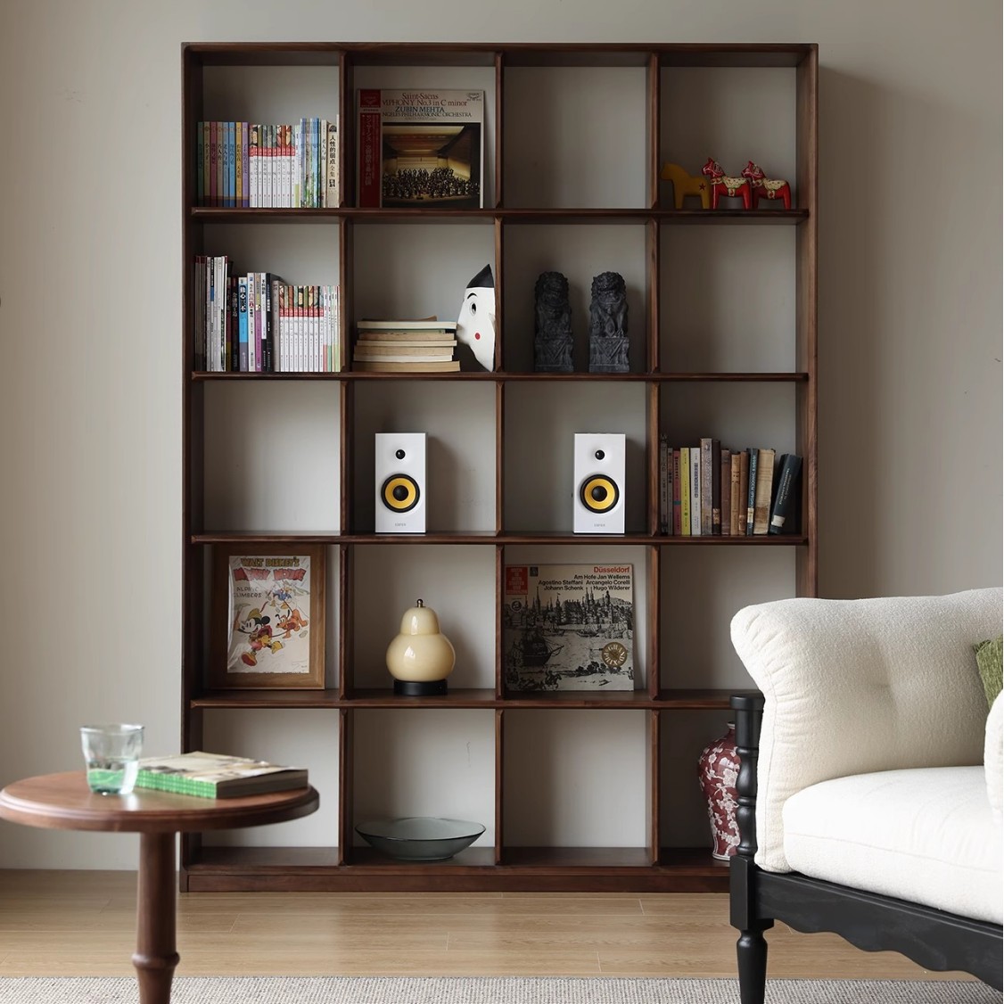 北美黑胡桃木书架一体整墙现代简约实木客厅展示架落地博古隔断架