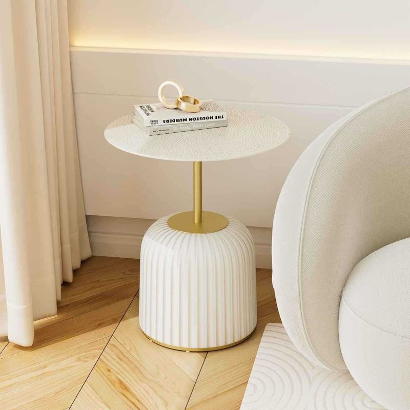 客厅家用现代个性小桌子小户型创意圆形边几轻奢玻璃皮革褶皱边几