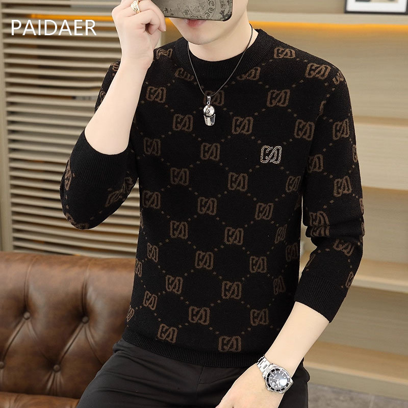 高档时尚男士毛衣2025秋冬新款保暖圆领针织衫潮牌青年打底衫线衣