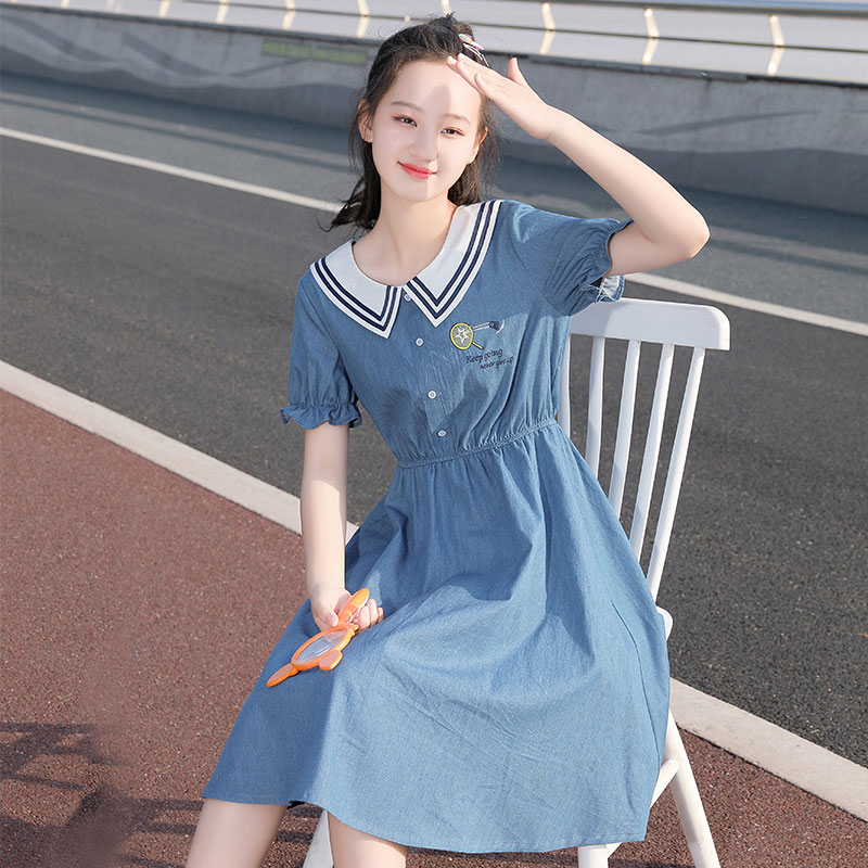 少女连衣裙中学生牛仔裙大童2021夏装新款初中生裙子高中生学院风